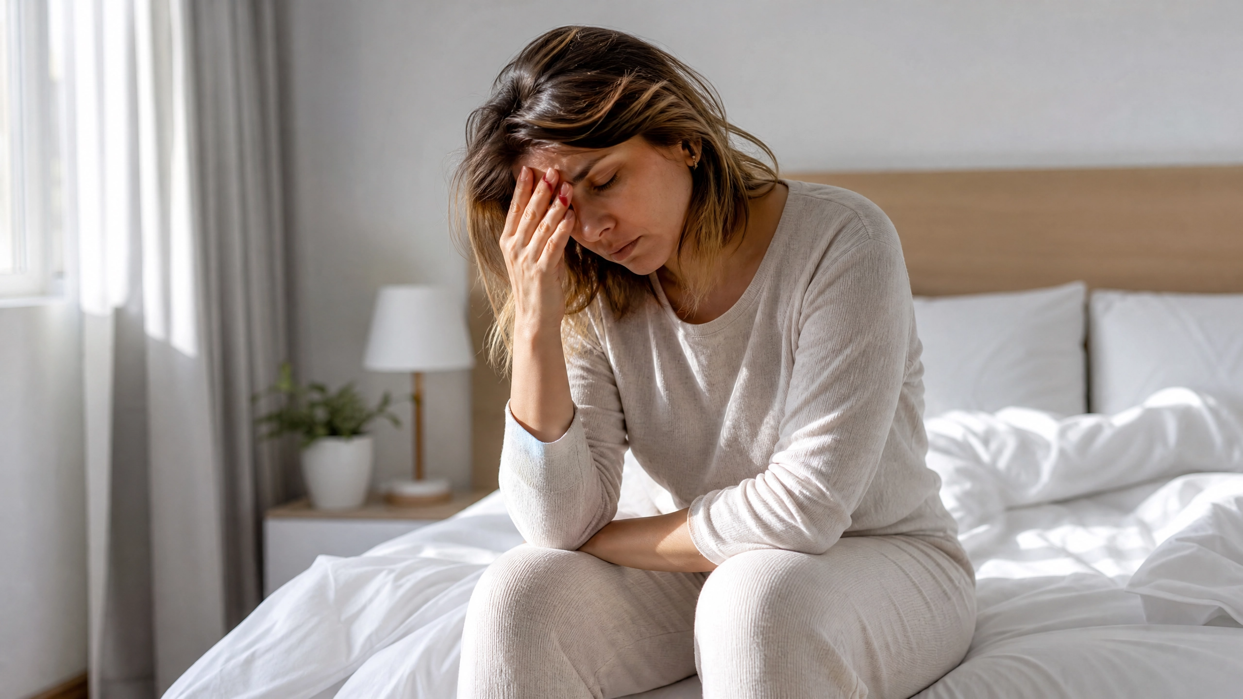 Femme fatiguée assise sur son lit le matin, épuisée malgré une nuit de sommeil, à Sherbrooke